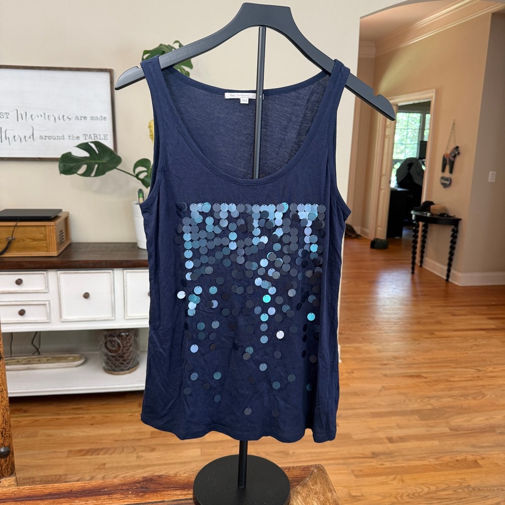 Gap Navy Blue Sequin Tank Top Women XS Cotton Modal Sleeveless Scoop Neck
